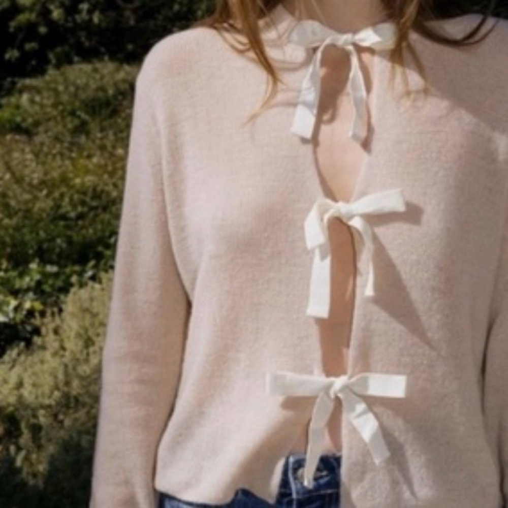 Zara Alpaca Wool Vlend Tied in Front Lightweight Cardigan Blush Pink Cream Small - Picture 10 of 10